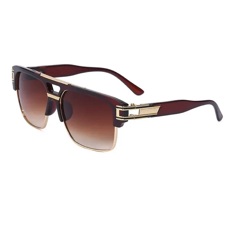Brown retro square sunglasses with gold accents shown in a studio shot.