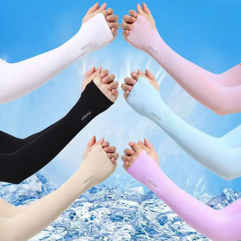 A group of people wearing various colored UV protection cooling arm sleeves are shown in an outdoor setting.