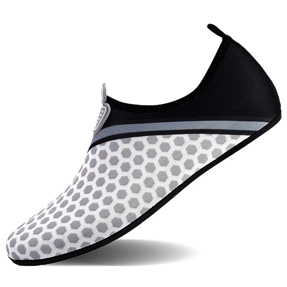 A pair of black and gray waterproof aqua socks shown from the side.