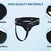 Diagram showing features of an inguinal hernia support belt including soft breathable pads, high quality velcro, fixed positi