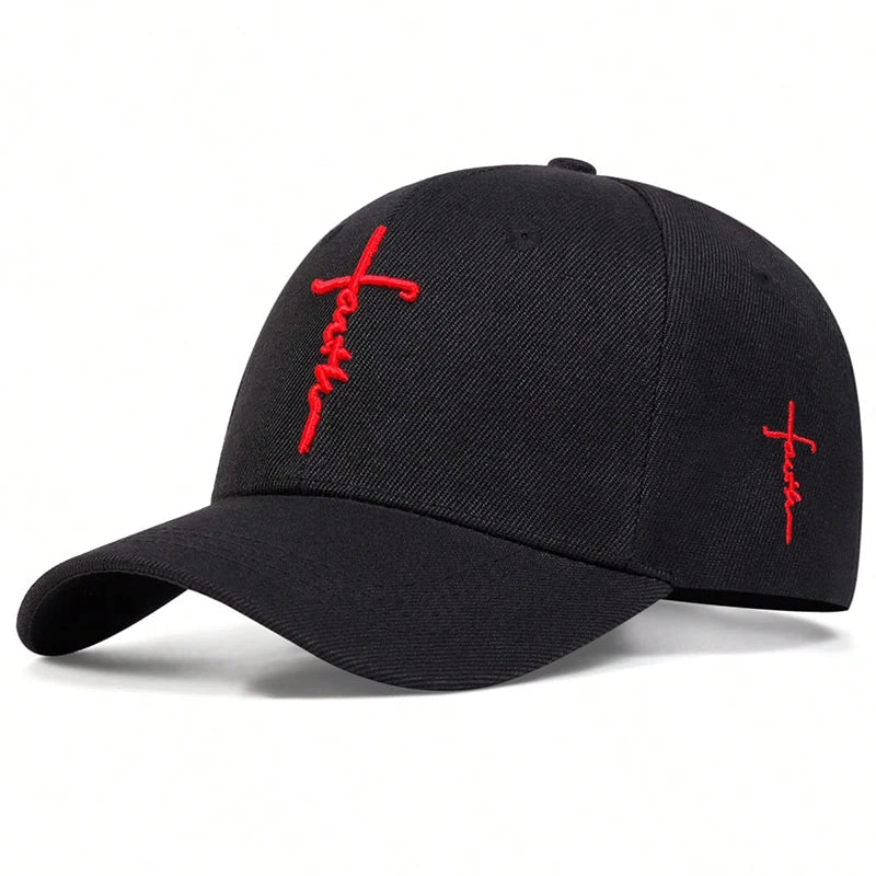 Black embroidered snapback baseball cap with red cross stitching on the front