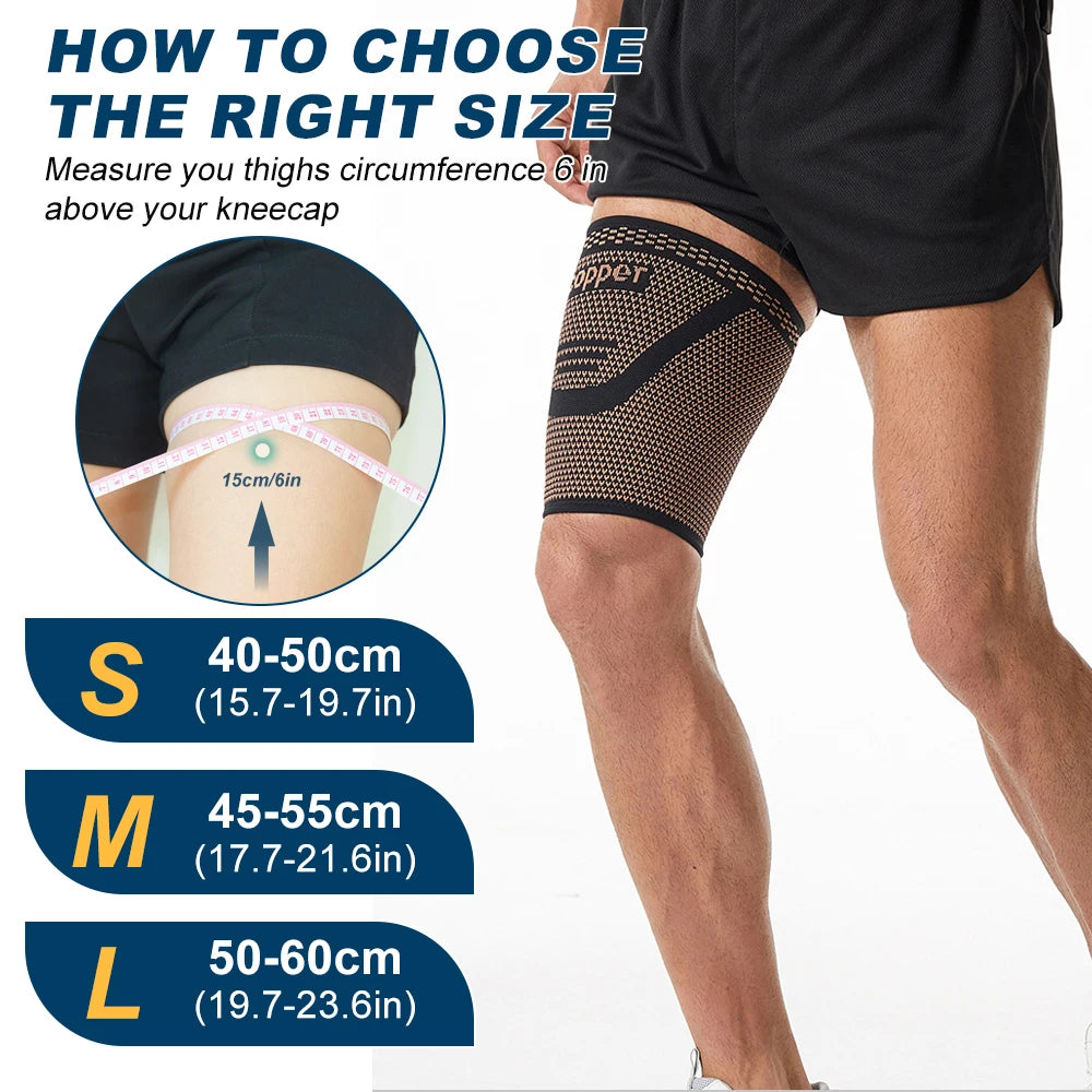 Diagram showing how to measure thigh circumference for choosing the right size of copper anti-slip compression sleeves.