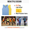 A yellow mesh polyester soccer training vest is shown next to a blue one, promoting maximum breathability during action.