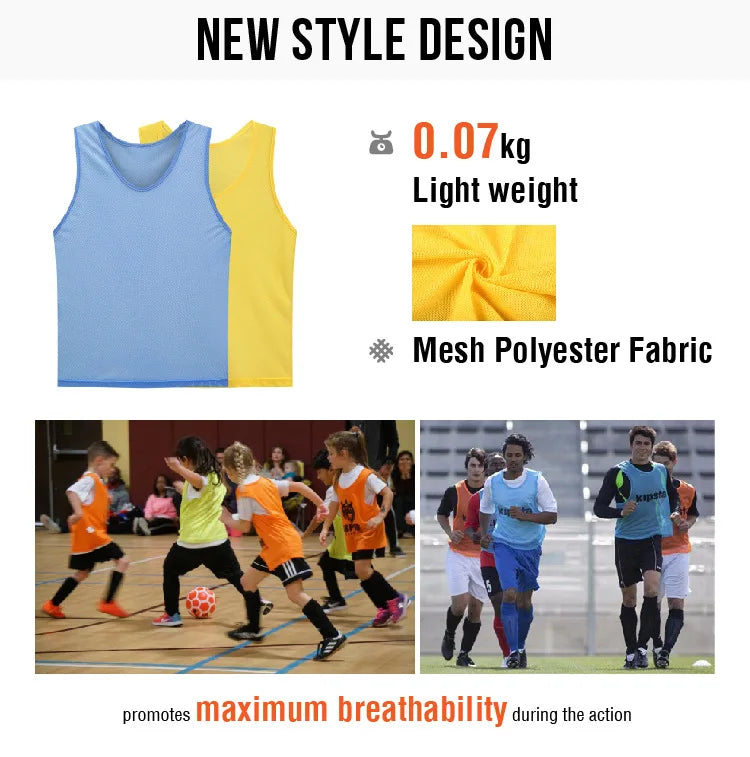 A yellow mesh polyester soccer training vest is shown next to a blue one, promoting maximum breathability during action.