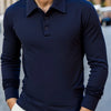 A navy blue men's breathable casual polo shirt worn by a man, featuring a collar and button placket.