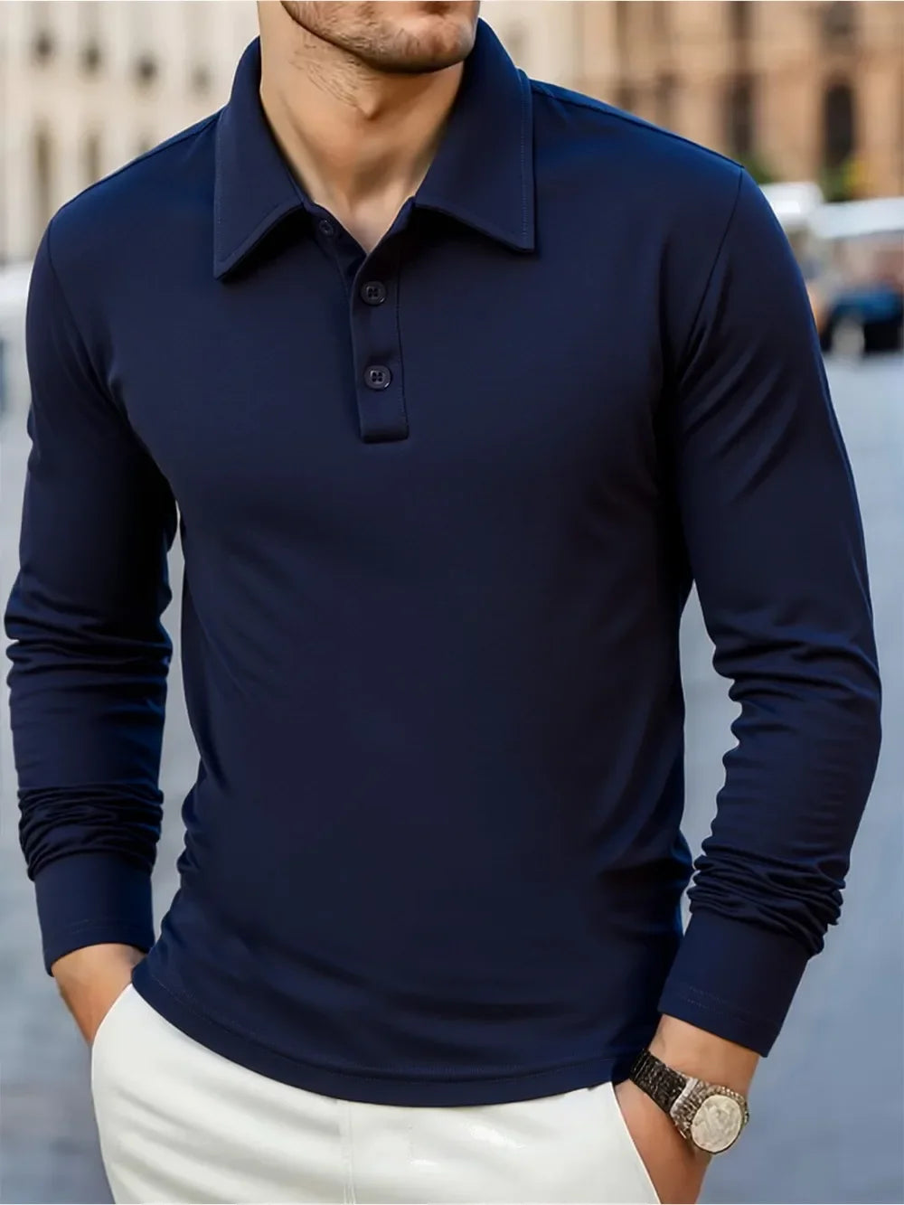 A navy blue men's breathable casual polo shirt worn by a man, featuring a collar and button placket.