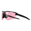 Pink athletic sunglasses with black frames shown in a product photo.