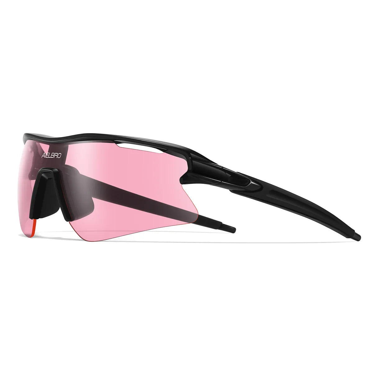 Pink athletic sunglasses with black frames shown in a product photo.