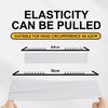 A white elastic headband is being stretched to demonstrate its elasticity and suitability for head circumferences between 48-