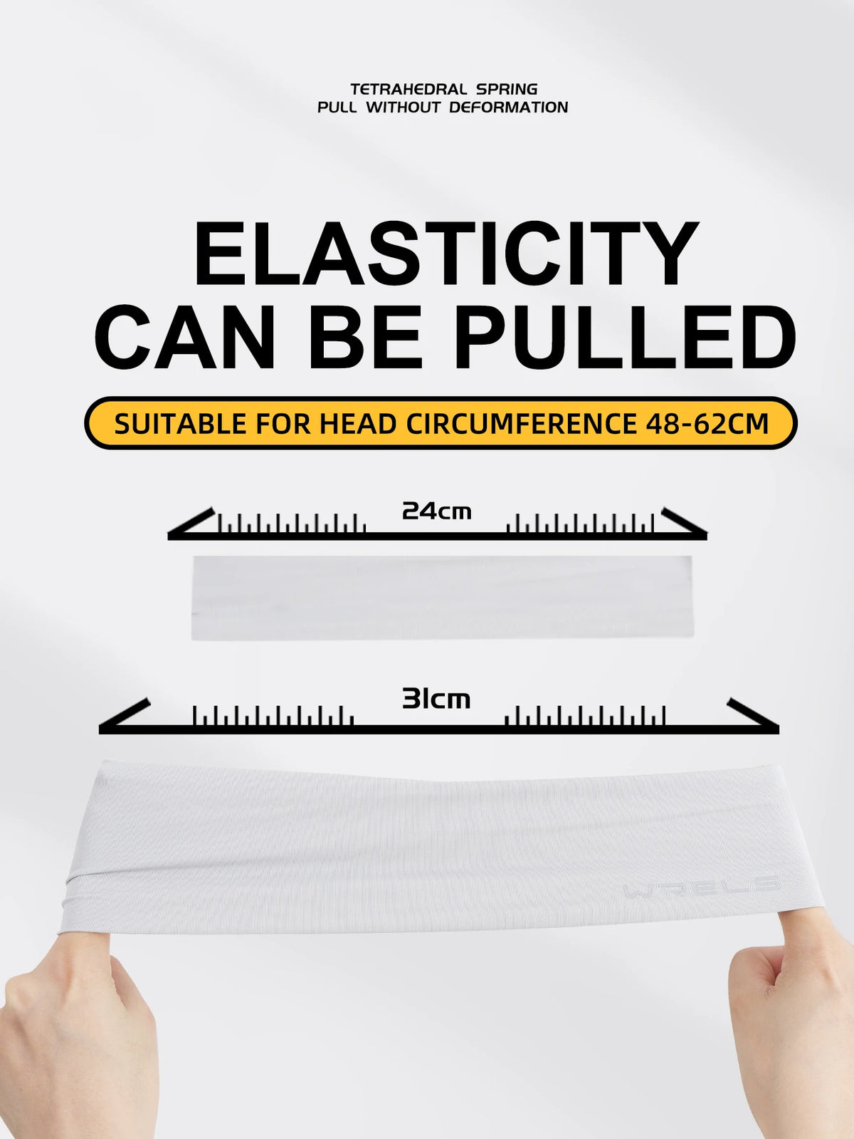 A white elastic headband is being stretched to demonstrate its elasticity and suitability for head circumferences between 48-