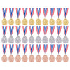 A collection of gold, silver, and bronze award medals with blue, white, and red ribbons displayed in a row.