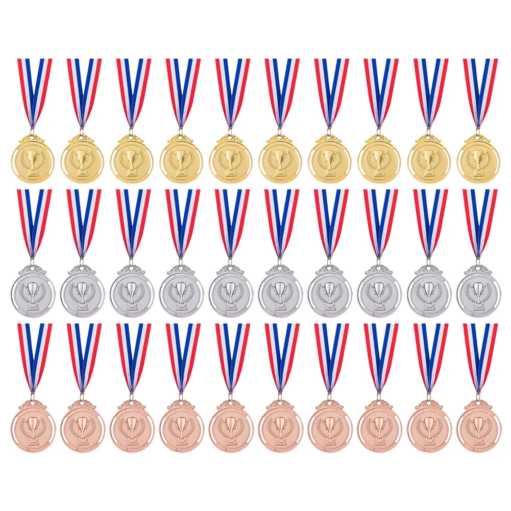 A collection of gold, silver, and bronze award medals with blue, white, and red ribbons displayed in a row.