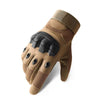 A pair of tan tactical sports gloves with black reinforced knuckles and a ribbed cuff.