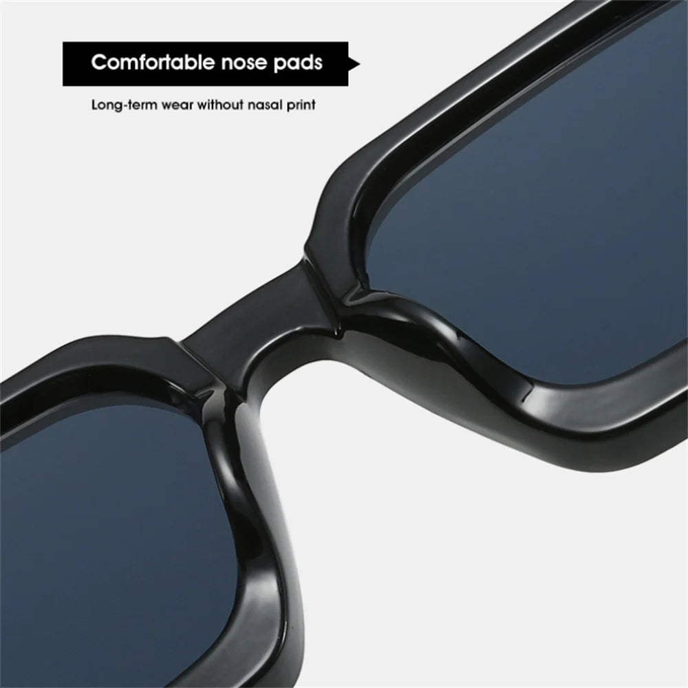 Close-up view of black retro square frame sunglasses with comfortable nose pads and dark blue lenses