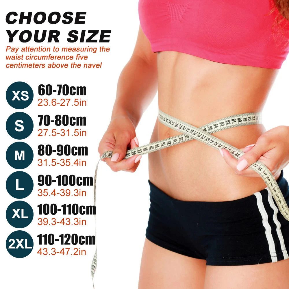A woman demonstrates how to measure her waist circumference for choosing the correct size of an invisible waist trainer corse