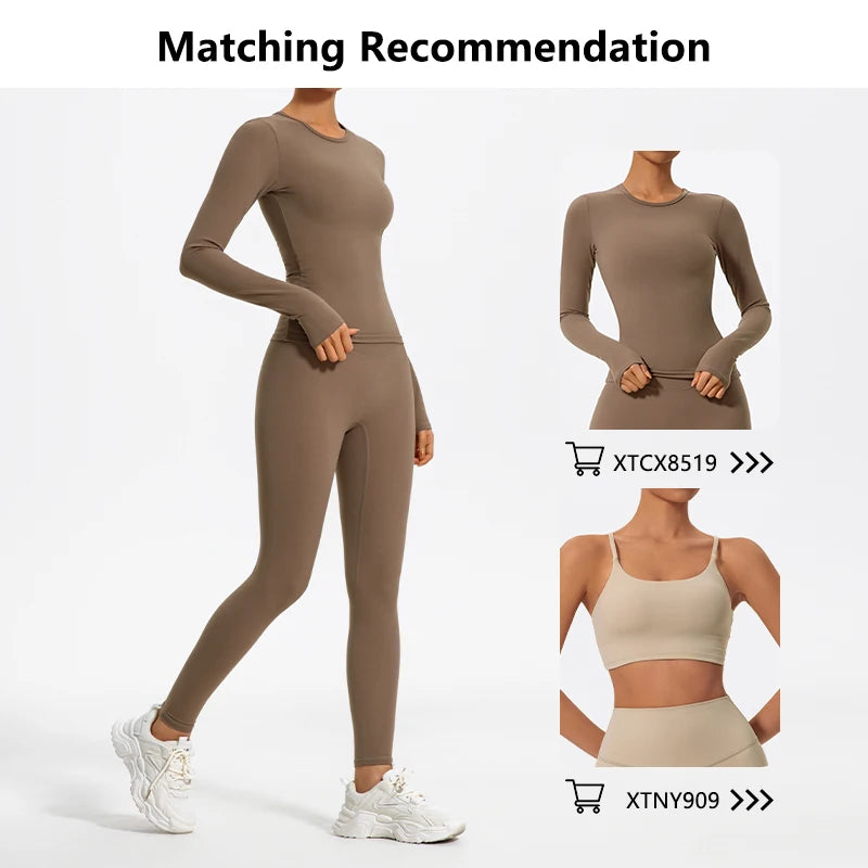 A matching set of taupe long-sleeved yoga leggings and sports bra for fitness.