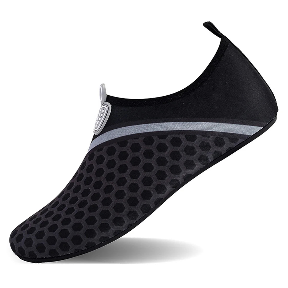 Black waterproof aqua socks with a gray accent stripe and a pull tab