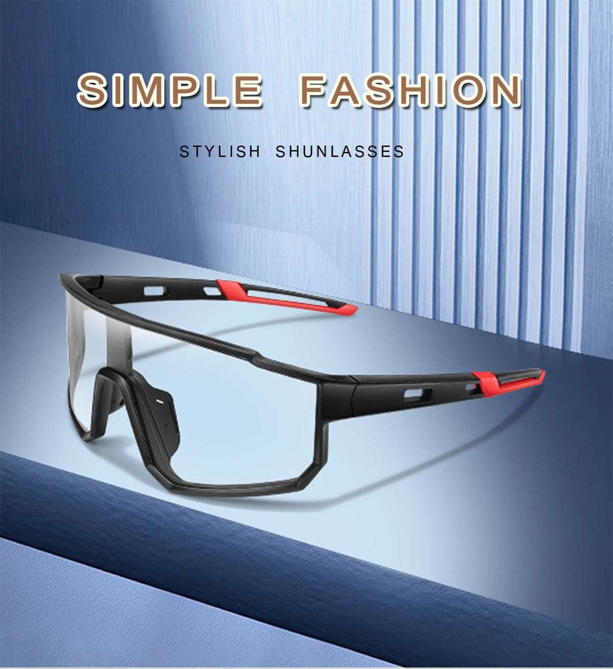 A pair of black and red photochromic sunglasses displayed against a blue striped background.