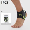 A person's foot is shown wearing a black and neon yellow ankle protector for plantar fasciitis.