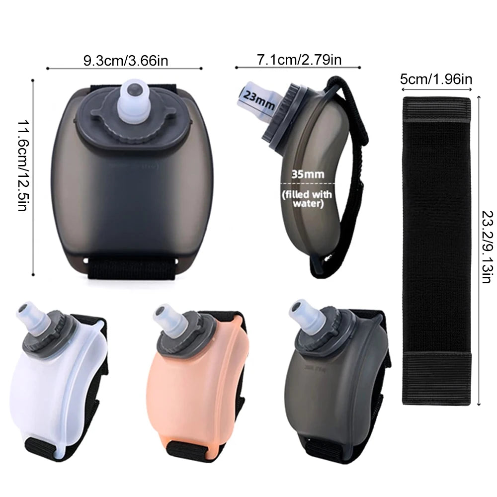 A set of silicone wrist hydration bottles in black, pink, and gray with various sizes and attachments.
