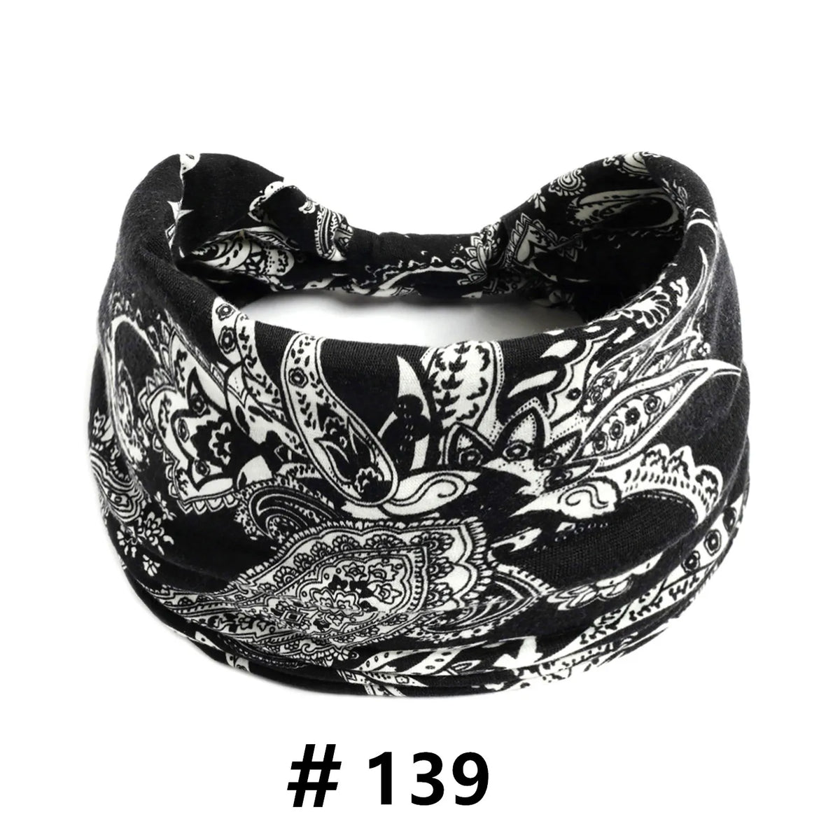 Black and white boho print cotton headband with intricate paisley design