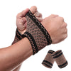 A hand is wearing a copper compression wrist sleeve for pain relief, showing the textured fabric and elastic band.
