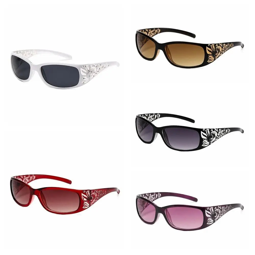 A collection of four Y2K cat eye rhinestone sunglasses in various shades including gold, gray, black, and pink.