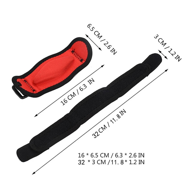 Black and red tennis elbow support brace with adjustable straps and measurements.