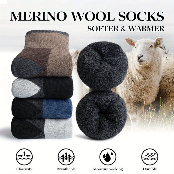 A stack of merino wool socks in various colors next to a sheep, highlighting elasticity, breathability, moisture-wicking, and