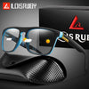 A pair of black and blue photochromic sunglasses with a yellow detail and a matching black leather case.