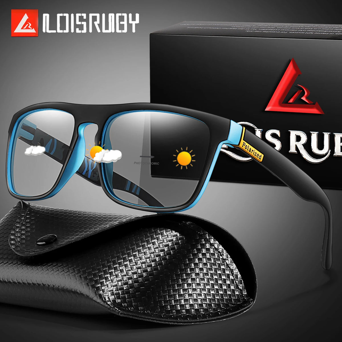 A pair of black and blue photochromic sunglasses with a yellow detail and a matching black leather case.