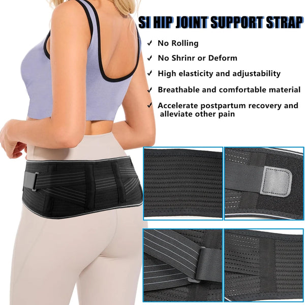 A woman wearing a black SI joint support strap around her lower abdomen, demonstrating the product's fit and adjustability.