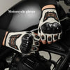 A close-up of breathable half-finger motorcycle gloves in black and tan leather on a hand.