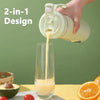 A hand pours juice from a 2-in-1 electric juicer into a glass, demonstrating its design.