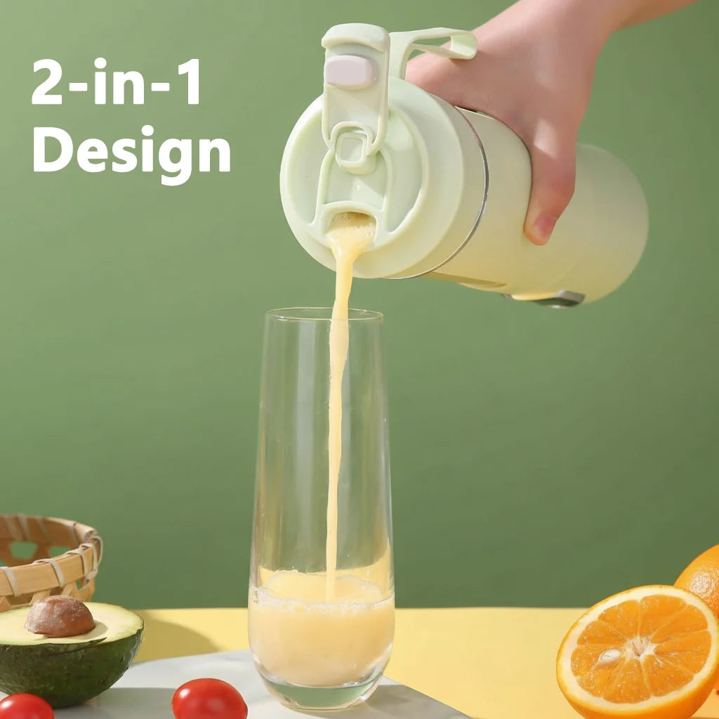A hand pours juice from a 2-in-1 electric juicer into a glass, demonstrating its design.
