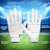 White full finger sports training gloves displayed on a green field with detailed feature labels.