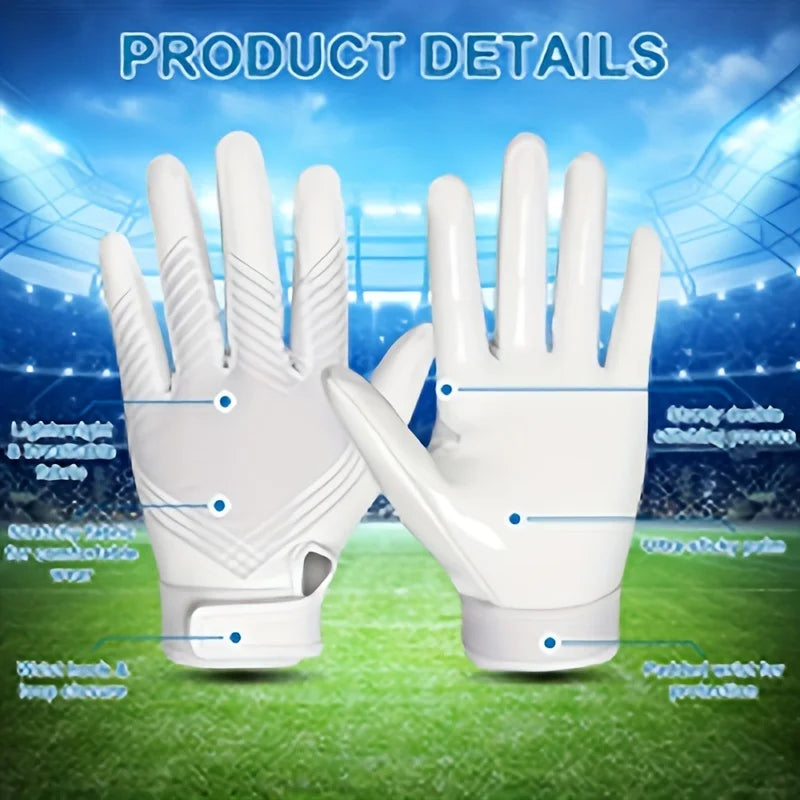White full finger sports training gloves displayed on a green field with detailed feature labels.