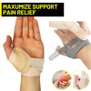 A hand wearing a beige thumb joint stabilizer brace for arthritis pain relief.
