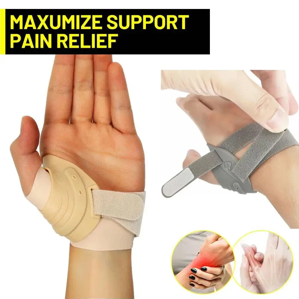 A hand wearing a beige thumb joint stabilizer brace for arthritis pain relief.