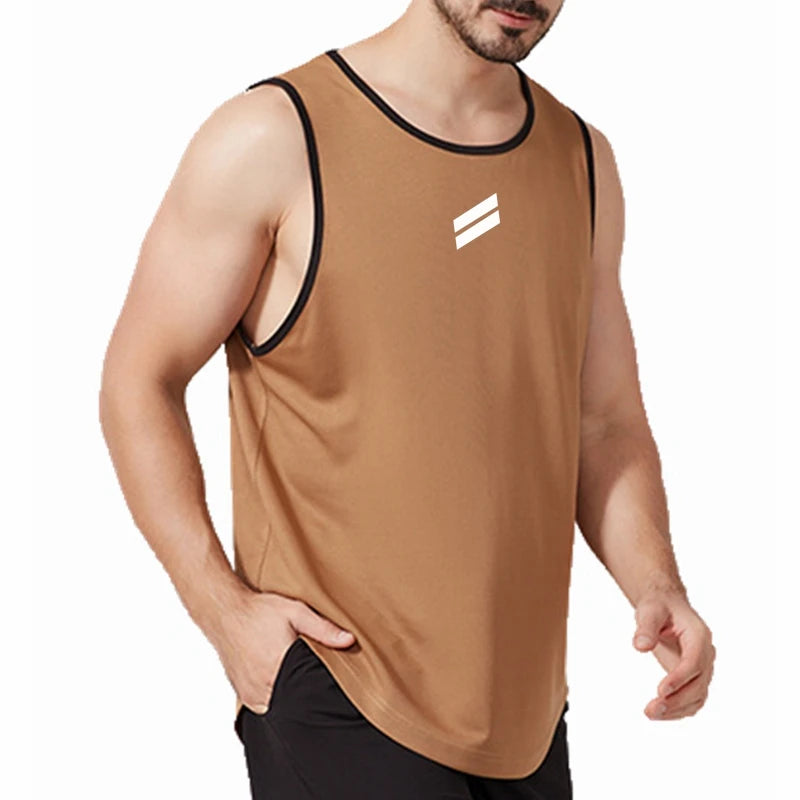 A man wearing a brown sleeveless sports tank top with white stripes on his upper body.