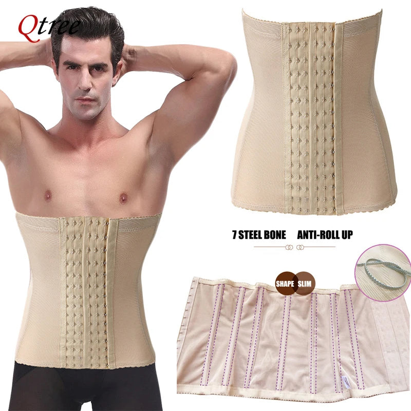 A beige slimming corset waist trainer belt shown on a male model and as a separate garment.