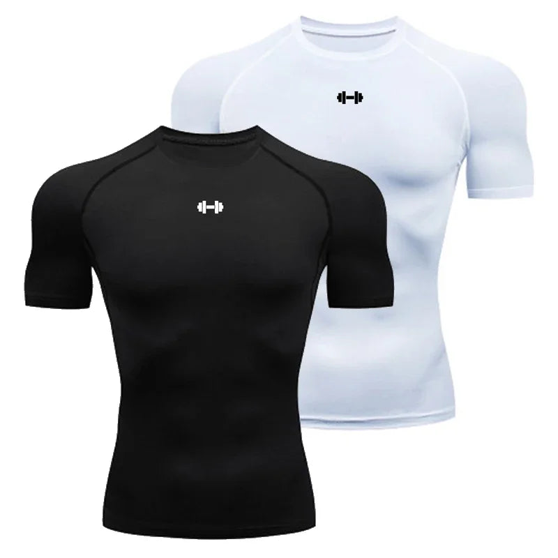 Black men's performance compression t-shirt displayed against a white background.