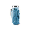 Helles blaues Wasserflaschen-Tragetasche mit durchgehendem Handyfach und silbernem Deckel.
