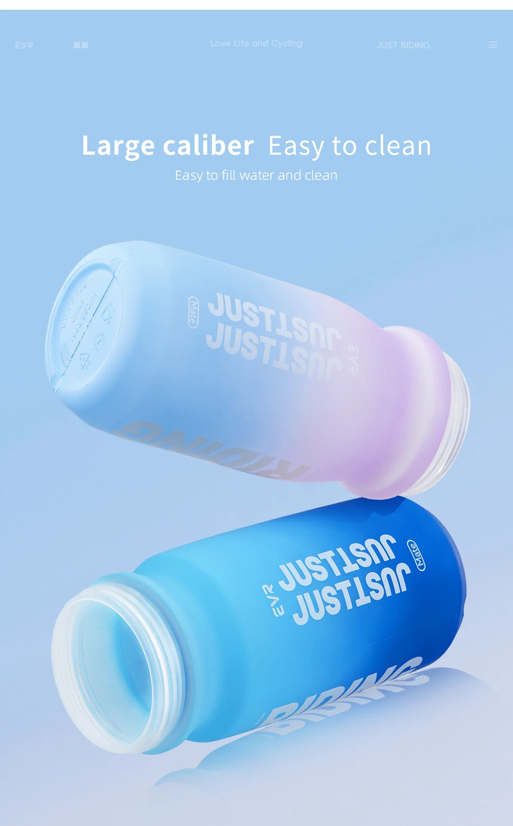 A light blue squeezable cycling water bottle is shown, emphasizing its large caliber and ease of cleaning.