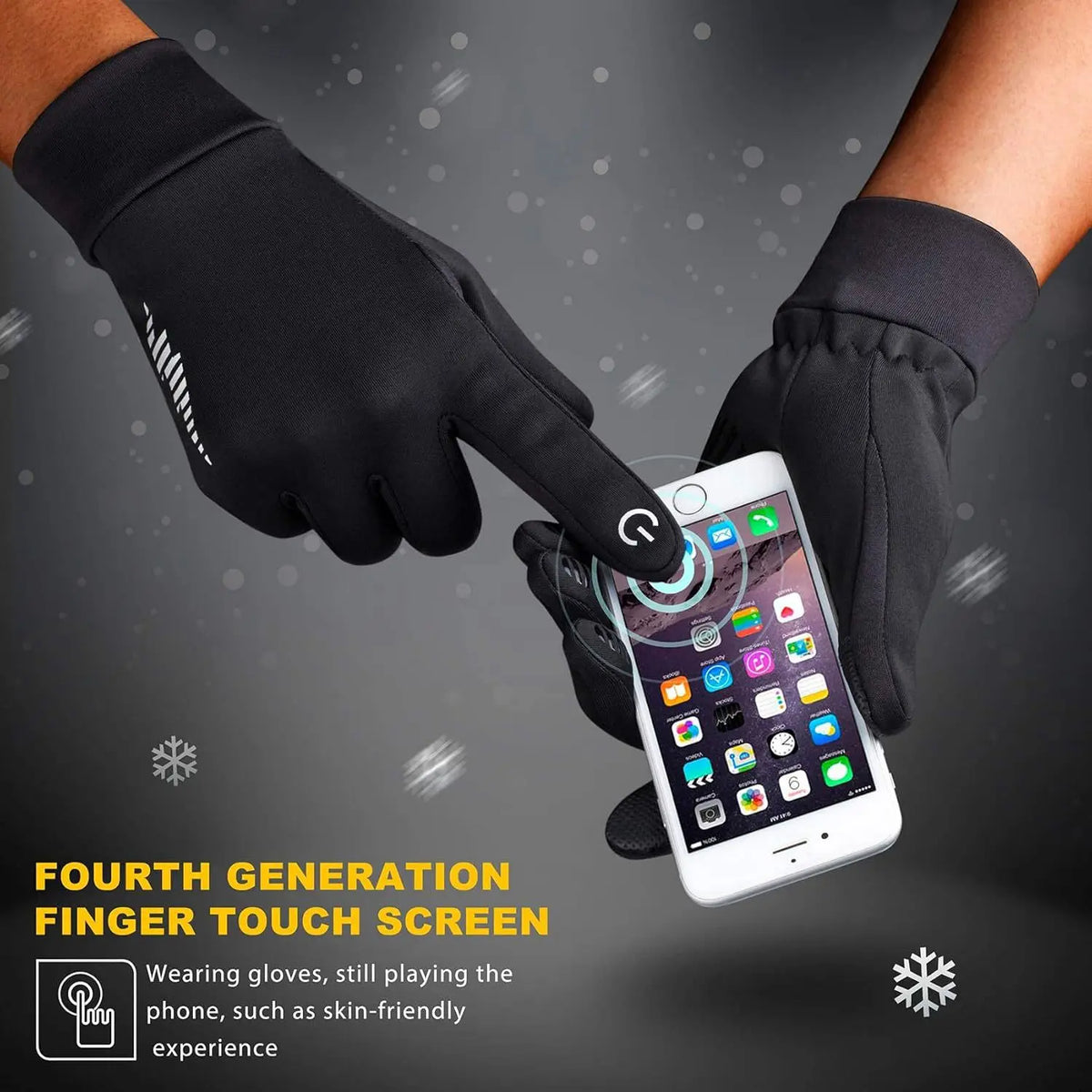 A hand wearing black touchscreen gloves is using a finger to interact with a smartphone screen.