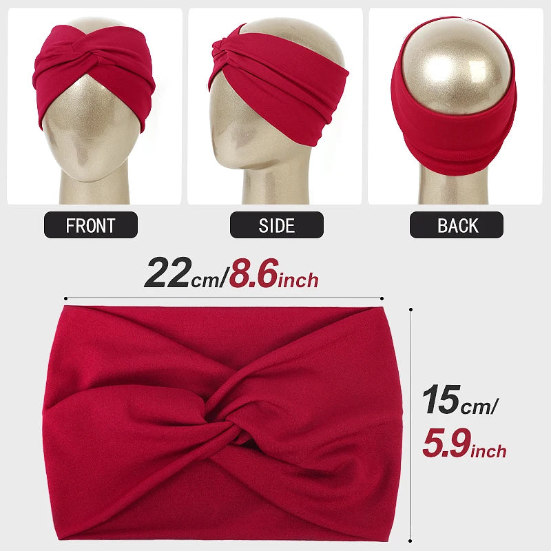 Red twisted criss cross elastic headband shown from front, side, and back views.