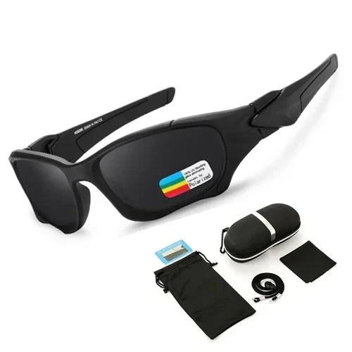 Black polarized sports sunglasses with UV400 protection and a storage pouch