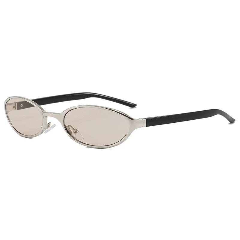Pair of retro oval sunglasses with a vintage Y2K metal frame and light brown lenses.