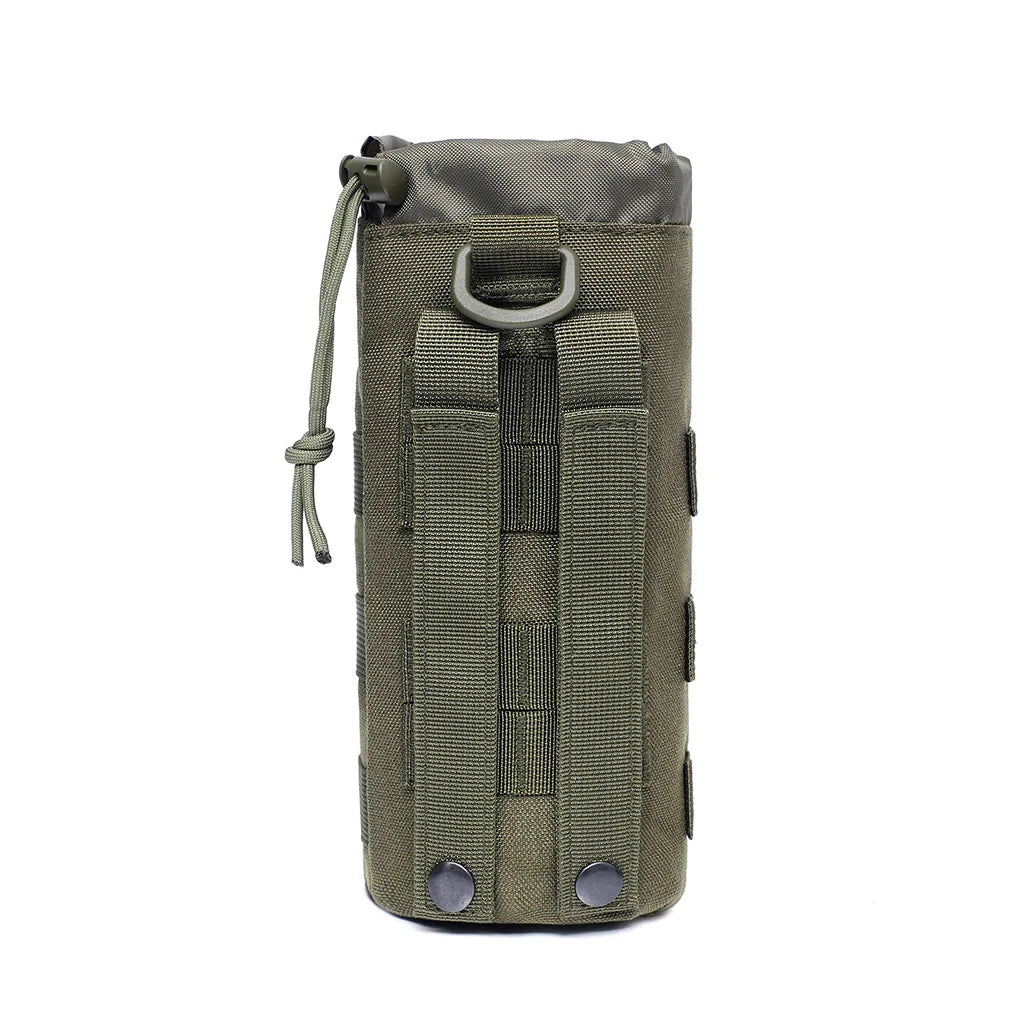 Olive green tactical MOLLE water bottle pouch with a loop closure