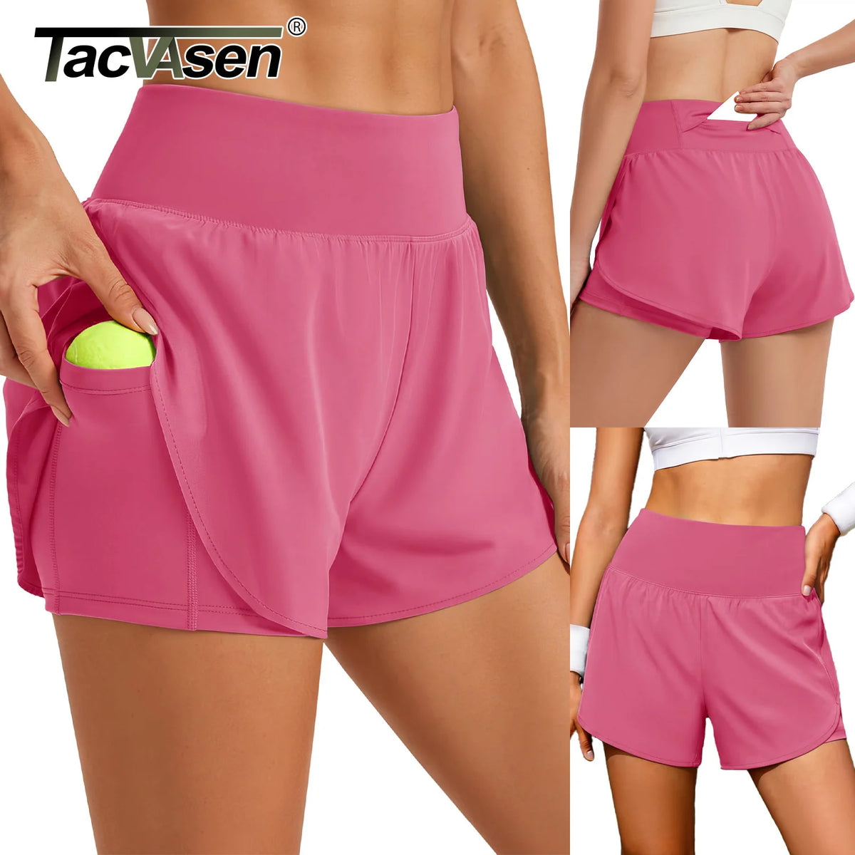 Eine Frau trägt rosa, hochgeschnittene 2-in-1-Sportshorts und demonstriert die Passform und Merkmale.
